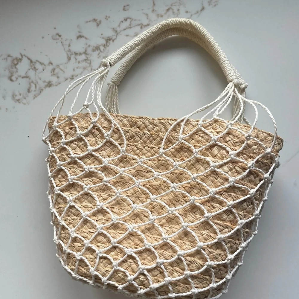 J. Crew Straw Tote with White Macrame Overlay